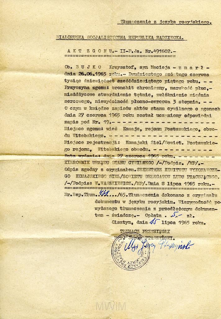 KKE 2272.jpg - Dok. Tłumaczenie Aktu Zgonu Krzysztofa Bujko (zm. 26 VI 1965 r.) – tata Marii Kołakowskiej (z domu Bujko), Olsztyn, 15 VII 1965 r.